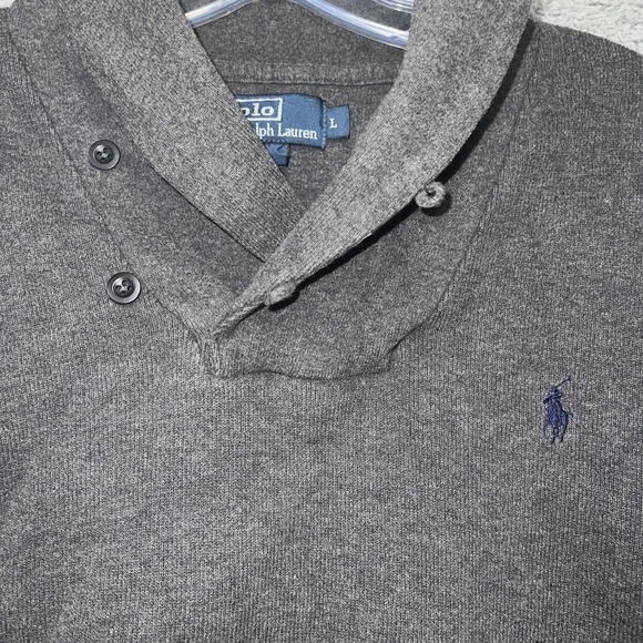 VTG Polo Ralph Lauren Sweater Men's Size L Gray/Blue Pony Shawl Collar Pullover - Picture 6 of 9